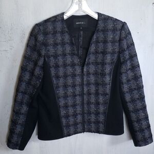 Lafayette 148 tweed textured full zip blue  black and metallic threads jacket 14